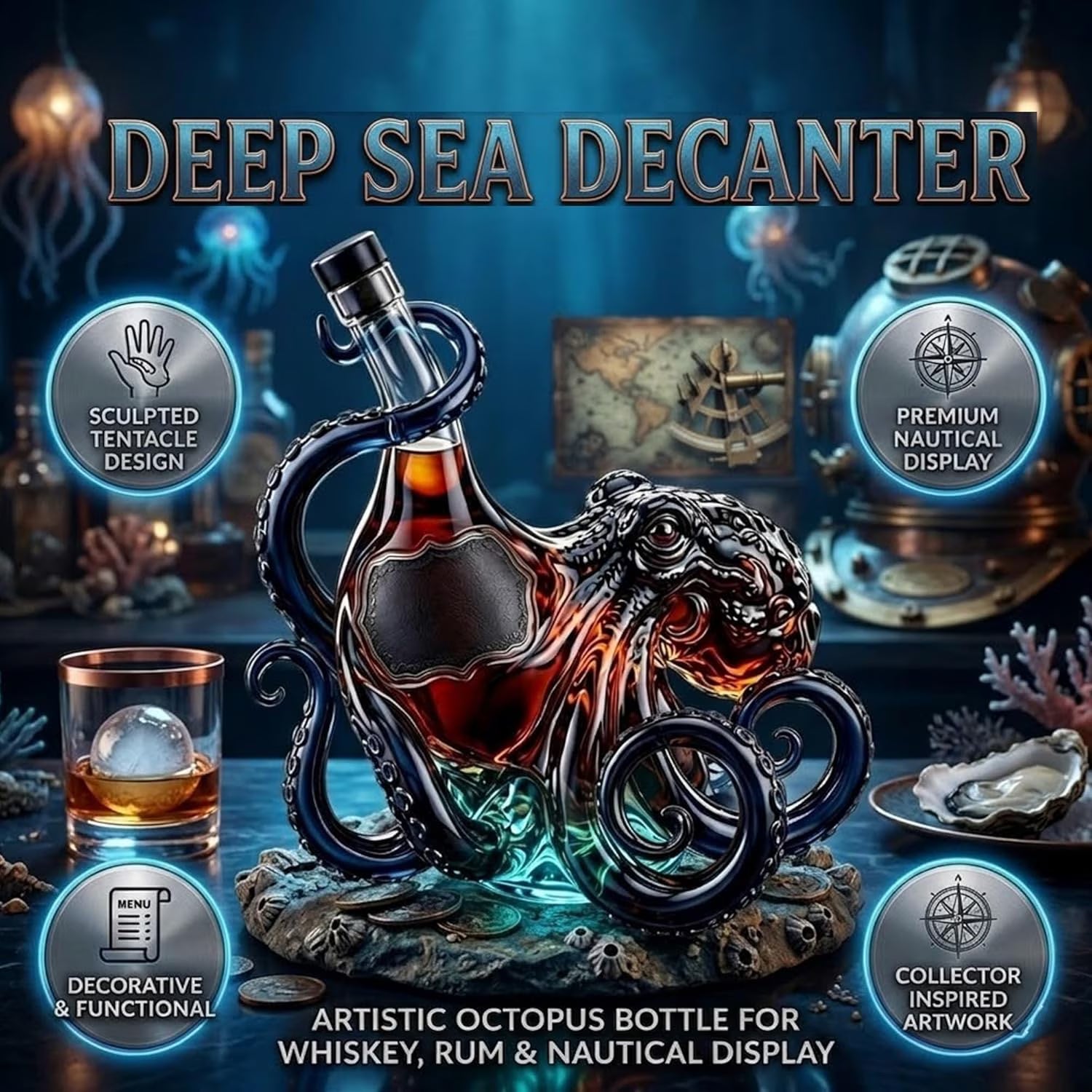 🔥Last Day 50% OFF ✨3D Octopus Bottle, Deep Sea Nautical Art Decor Glass Decanter, Sculpted Tentacle Design Bottle Holder Shaped for Whiskey Wine