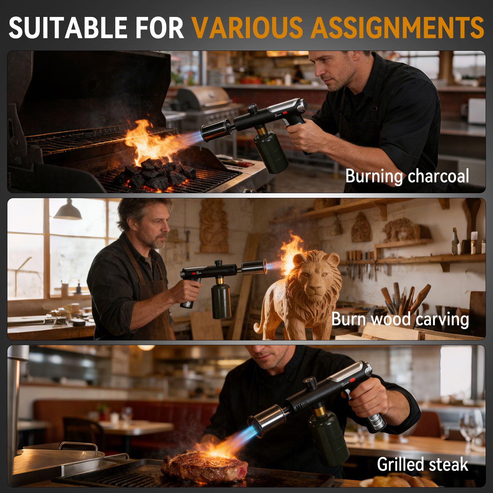 2026NEW Powerful Propane Torch(Propane Tank Not Included),With One-Touch Max Fire Button and Safety Lock, Adjustable Blow Torch for Sous Vide Searing Steak, BBQ,Fireplace,Charcoal Wood