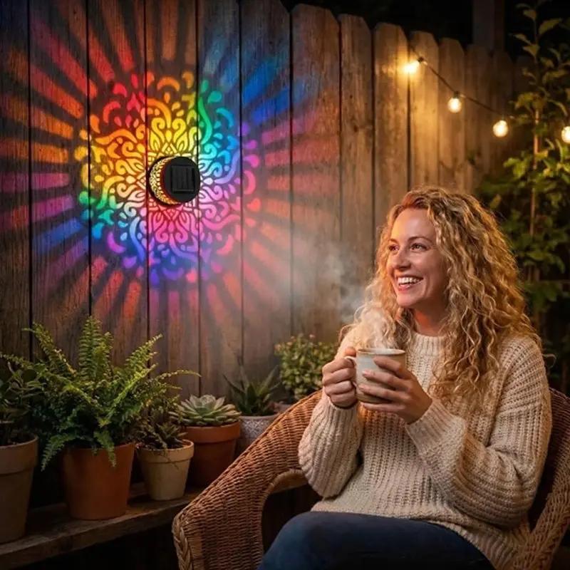 Solar Mandala Wall Light Outdoor Garden Fence Projector Lamp Patio Ambient Decor